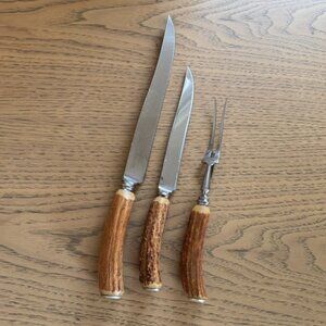 Mid-Century Stainless Steel Carving Set with Deer Antler Handles (3)